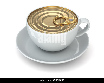 Instant-Kaffee-Konzept. Becher und Deckel der Dose. 3D Stockfoto