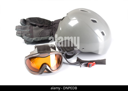 Ausrüstung für snowboarding auf weißem Hintergrund Stockfoto
