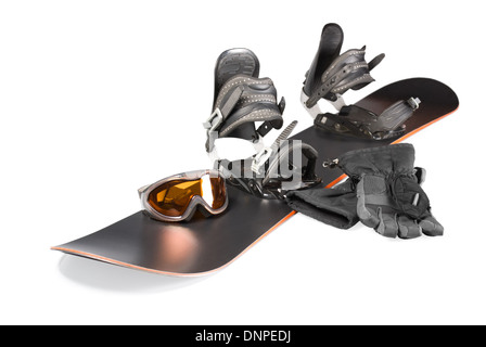 Satz von Ausrüstung für snowboarding - Handschuhe Board, Reittiere Schuhe, Brillen, isolierten auf weißen Hintergrund. Stockfoto