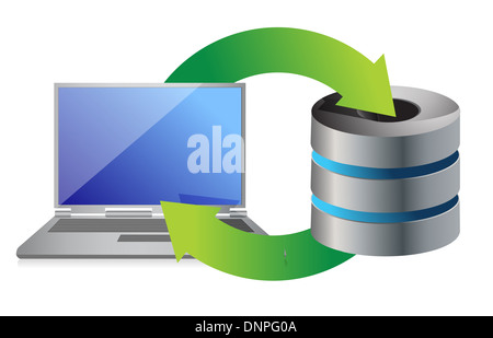 Server und Laptop backup-Konzept Abbildung Datenbankdesign über weiß Stockfoto