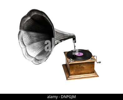 Retro-altes Grammophon mit Horn-Lautsprecher für die Wiedergabe von Musik über Platten isoliert auf weiss Stockfoto