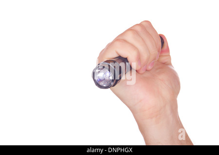 Hand des Leichnams mit Taschenlampe isoliert auf weißem Hintergrund Stockfoto