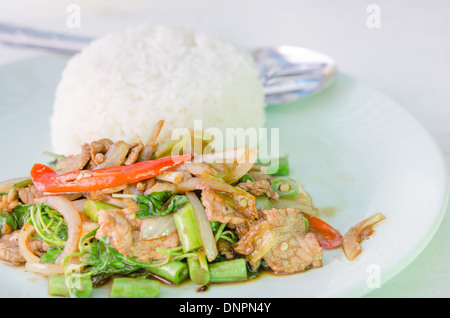 Rühren Sie gebratenes Rindfleisch, curry-Soße und Gemüse serviert mit Reis Stockfoto