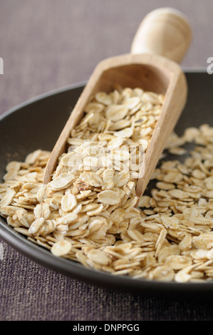 Nahaufnahme der Schüssel Haferflocken mit Schaufel, Studioaufnahme Stockfoto
