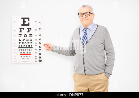 Applying Mann mit Brille in Richtung Sehtest Stockfoto