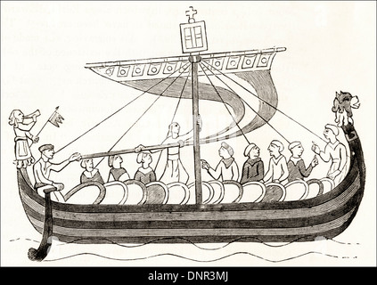 Schiff aus der Flotte von William Duke of Normandie mit Truppen für die Invasion von England aus dem Teppich von Bayeux. Viktorianische Holzschnitt ca. 1845. Stockfoto