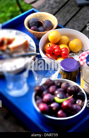 Al-fresco-Essen auf einem Tablett / Picknicktisch Stockfoto