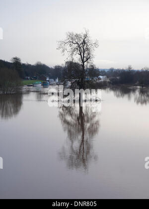 Worcester, Worcestershire, UK, 4. Januar 2014.  Fluß Severn Überschwemmungen nach jüngsten stürmen.  Fluß Severn platzt seine Ufer südlich von Worcester Stadt Zentrum und Wasser fließt über Farmland.  Clearing-Himmel in der Ferne über Malvern ersichtlich. Bildnachweis: Ian Thwaites/Alamy Live-Nachrichten Stockfoto