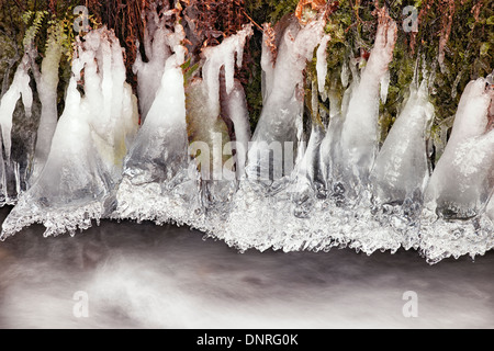 Kalte Bedingungen schaffen diese einzigartigen geformten Eiszapfen hängen über Wahkeena Creek in Oregon die Columbia River Gorge. Stockfoto