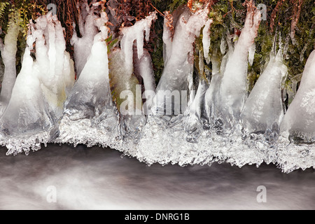 Kalte Bedingungen schaffen diese einzigartigen geformten Eiszapfen hängen über Wahkeena Creek in Oregon die Columbia River Gorge. Stockfoto