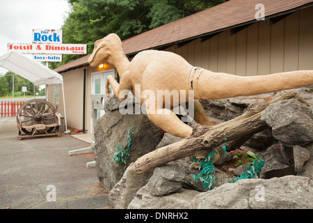 Deerfield, Massachusetts am Straßenrand fossiler und Dinosaurier-Shop verfügt über ein riesiges Modell Dinosaurier um Kunden zu locken. Stockfoto