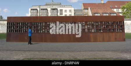 Blauer Himmel Blick junge tragen blaue Mantel stehend suchen Fotos Fenster des Gedenkens, Gedenkstätte Berliner Mauer, Bernauer Straße Stockfoto