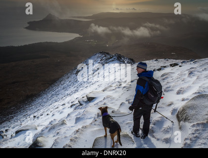 Haustiere: Ziege fiel im Winter mit Walker und Hund, Isle of Arran, Schottland, Großbritannien Stockfoto