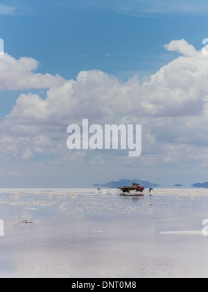 Salzarbeiter Salz zu sammeln und laden in LKW auf der riesigen Salar de Uyuni in Südbolivien. Stockfoto