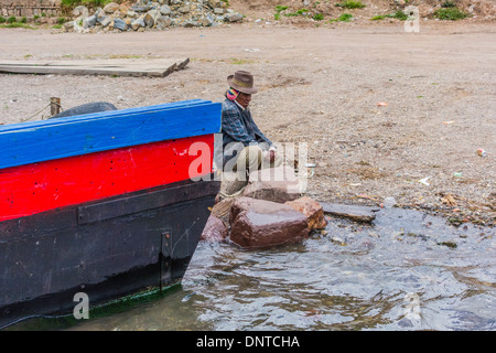 Fluss-Fähren an der Meerenge von Tiquina, Bolivien. Stockfoto