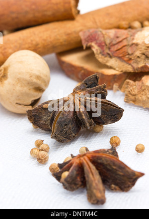 Sternanis, Zimt, Pfefferkörner, Zimtstangen und anderen Gewürzen. Stockfoto