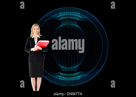 Zusammengesetztes Bild der Geschäftsfrau lächelnd und hält Ordner Stockfoto