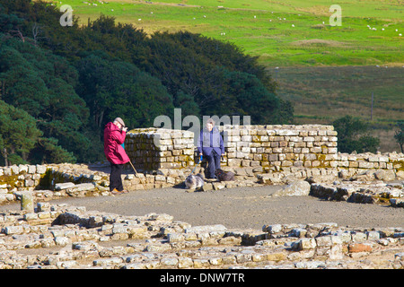 Touristen in Housteads römischen Festung am Hadrianswall National Trail, Northumberland England Vereinigtes Königreich Großbritannien Stockfoto