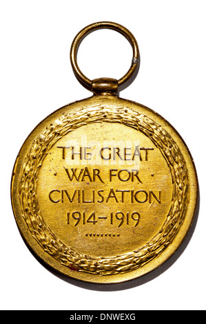 Der große Krieg für Zivilisation 1914-1919 Formulierung auf Alliierten Sieg-Medaille vom ersten Weltkrieg. Stockfoto