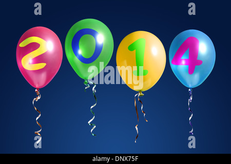 Vier bunte Luftballons mit 2014 Neujahr Ziffern auf dunkelblauem Hintergrund Stockfoto