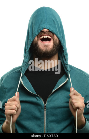 Junger Mann mit Bart ziehen Kapuze über dem Kopf isoliert auf weißem Hintergrund Stockfoto