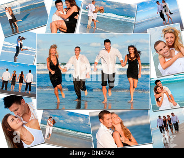 Freunde, romantische Paare Männer Frauen genießen gesunden, aktiven Lebensstil auf Urlaub, am Strand spielen im Meer Stockfoto