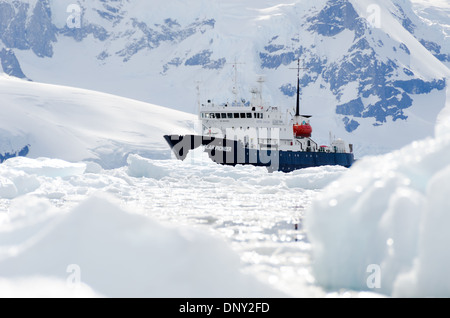 Antarktis - ein Schiff (Polar Pioneer) unter den brash Eis und Eisberge von Neko Harbour, Antarktis. Stockfoto