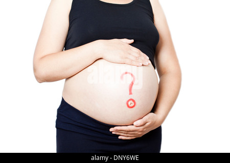 Schwangere Frau mit Fragezeichen auf Bauch Stockfoto