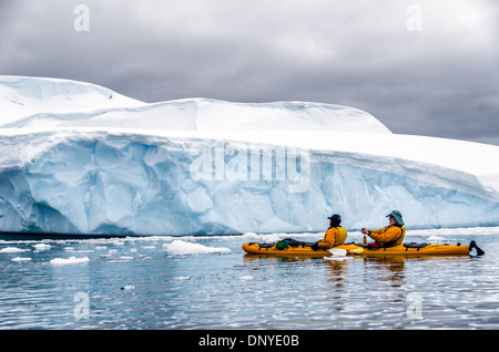 Antarktis - Zwei Kajakfahrer in einem Tandem kayak paddeln entlang der Küste mit steilen glaciar Klippen in der Nähe von Melchior Island auf der Antarktischen Halbinsel gesäumt. Stockfoto