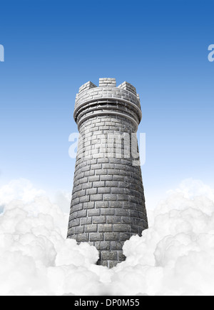Ein Konzept-Bild zeigt einen Ziegelstein gebildet Schach Burgen Revolver in den Wolken am blauen Himmelshintergrund Stockfoto