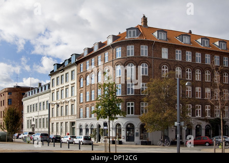 Blick entlang der historischen Gebäude des Havnegade Kopenhagen, Dänemark, Architektur Stockfoto