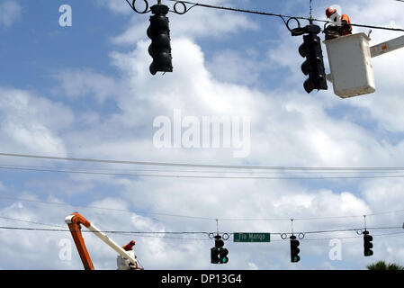 14. April 2006; West Palm Beach, FL, USA; Signal-Techniker aus Südosten Underground Utilities Corporation stellen Sie Verkabelung an der Kreuzung der Straßen Florida Mango und Belvedere am Fr.  LED-Ampeln wurden an der Kreuzung sowie mehrere andere Kreuzungen in Palm Beach County angebracht.  Die aktualisierten Signale verbrauchen weniger Energie als die bisher verwendeten incadesce Stockfoto