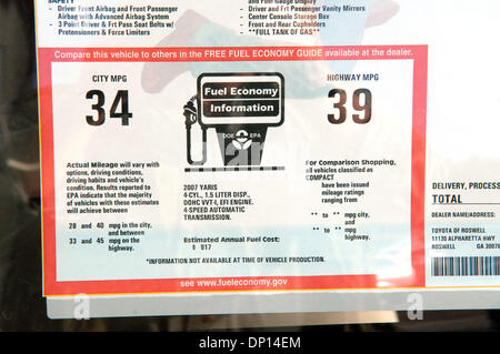 18. April 2006; Alpharetta, GA, USA; [Genaue unbekanntes Datum]; Meilen pro Gallone Schätzung wird auf neue Toyota Yaris-Kleinwagen-Auto in Alpharetta, GA Mit Gas-Preise weiter steigen suchen Verbraucher um mehr Kraftstoff sparende Autos zu kaufen. Obligatorische Credit: Foto von Robin Nelson/ZUMA Press. (©) Copyright 2006 von Robin Nelson Stockfoto