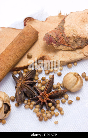 Sternanis, Zimt, Pfefferkörner, Zimtstangen und anderen Gewürzen. Stockfoto