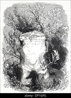 Stein im New Forest Kennzeichnung der Website der Eiche gegen die Pfeilrichtung Sir Walter Tirel blickte haben soll töten König William II. Viktorianische Holzschnitt ca. 1845. Stockfoto