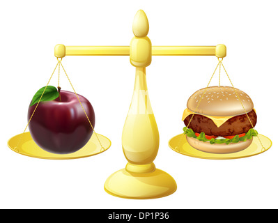 Gesunde Ernährung Entscheidung Konzept für einen Apfel und Burger auf eine Reihe von Skalen Stockfoto