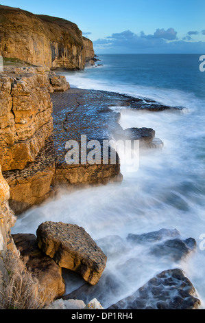 Flut im Winter bei Dancing Ledge, Dorset, UK. Ein Teil der Dorset-Jura-Küste - ein UNESCO-Weltkulturerbe. Stockfoto