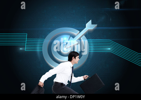 Zusammengesetztes Bild der Seitenansicht des Gehens Kaufmann mit Jacke und Koffer Stockfoto