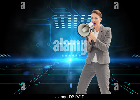 Montagebild Geschäftsfrau, reden über ein Megaphon Stockfoto