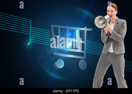 Montagebild Geschäftsfrau, reden über ein Megaphon Stockfoto