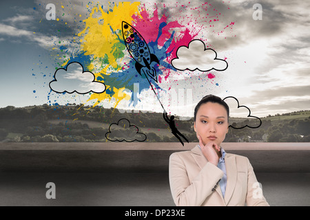 Zusammengesetztes Bild des nachdenklichen asiatische Geschäftsfrau zeigt Stockfoto