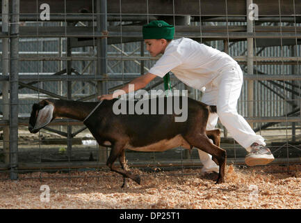 17. Mai 2006; San Diego, CA, USA; 11 jährige hielt NATHAN CABLE an seine Ziege namens "Kakao" während Kategorie Jr. 4H Showmanship Beurteilung während dem Melken Ziege Mittwoch, 17. Mai 2006 auf der östlichen San Diego County Junior Fair beurteilen. Obligatorische Credit: Foto von John Gibbins/SDU-T/ZUMA Press. (©) Copyright 2006 by SDU-T Stockfoto