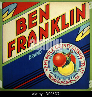 18. Mai 2006; Miami, FL, USA; Dieses Vintage Obst-Kiste-Label fördert die Zitrusfrüchte Ben Franklin Knebeleisen featuring Seminole County.  "Verpackt und vertrieben von Nelson & Co. Inc. Oviedo, Florida"  Obligatorische Credit: Foto von historischen Museum von Südflorida/Palm Beach Post/ZUMA Press. (©) Copyright 2006 von Palm Beach Post Stockfoto