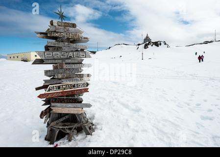 Bahnhof Bellingshausen Wegweiser Trinity Church King George Island Antarktis // KING GEORGE ISLAND, Antarktis - Wegweiser auf Russisch am Bahnhof Bellingshausen zeigen die Ziele der Welt und ihre jeweiligen Entfernungen an. Die Trinity Church, die südlichste östliche orthodoxe Kirche, ist im Hintergrund rechts zu sehen. Stockfoto