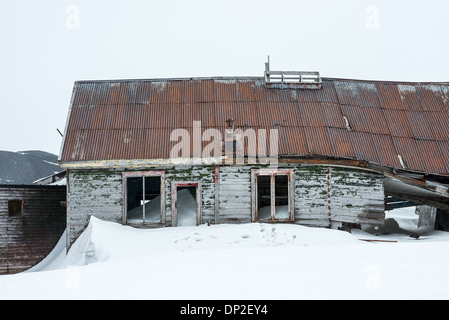 Antarktis - hölzerne Gebäude Ruinen in das verlassene Walfangstation an Whalers Bay, Deception Island. Aufgrund der kalten Temperaturen, Holz dauert viel länger zu zerlegen als in wärmeren Klimazonen. Deception Island, in der South Shetland Inseln, ist eine Caldera des Vulkans und besteht aus vulkanischem Gestein. Stockfoto