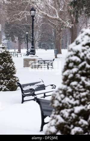 Den letzten Schneefall umfasst Bäume, Parkbänke und Trinkbrunnen im Victoria Park. Stockfoto