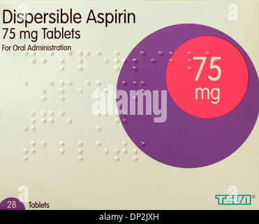 Dispergierbar Aspirin-75-mg-Tabletten, Pack, Tablet, Medizin Arzneimittel 75 mg, Blutverdünnung, anti-Cholesterin reduzieren Stockfoto