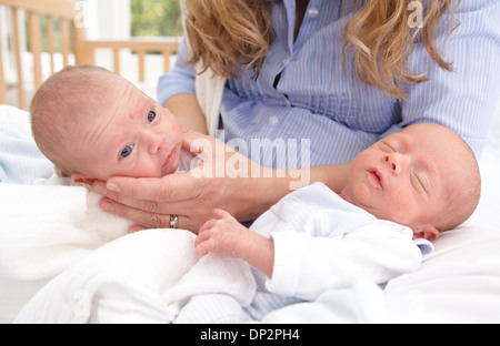 Mutter und zwei Wochen alten Zwillingen Stockfoto