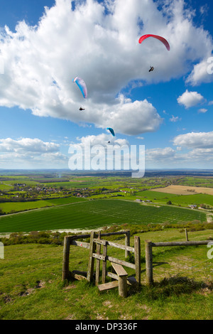 Gleitschirme, genießen die Landschaft über den South Downs, West Sussex. Fliegen hoch über Devil es Dyke. Stockfoto