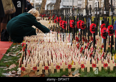 Frau im grünen Mantel Pflanzen eine Erinnerung überqueren am Volkstrauertag in der Nähe von Westminster Abbey, London England Vereinigtes Königreich UK Stockfoto